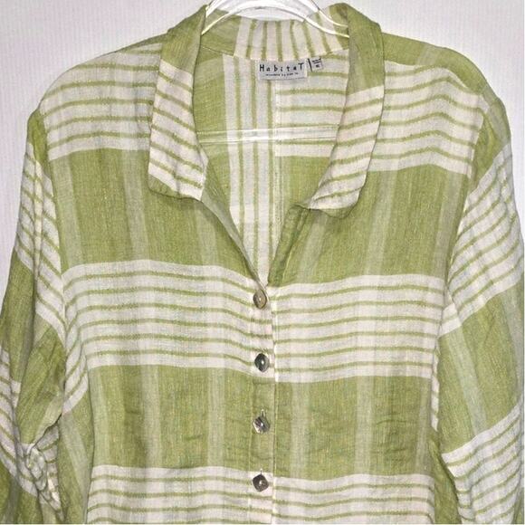 Habitat Plaid Button Front Blouse Linen Rolled Sleeves Green Lagenlook Swing XL - Picture 3 of 8